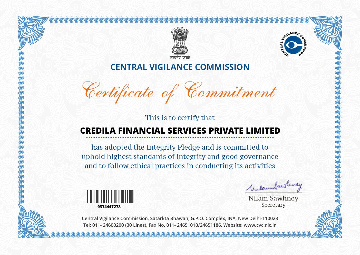 Certificate of Commitment